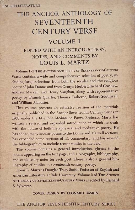 The Anchor Anthology Of Seventeenth Century Verse Volume 1 (back)