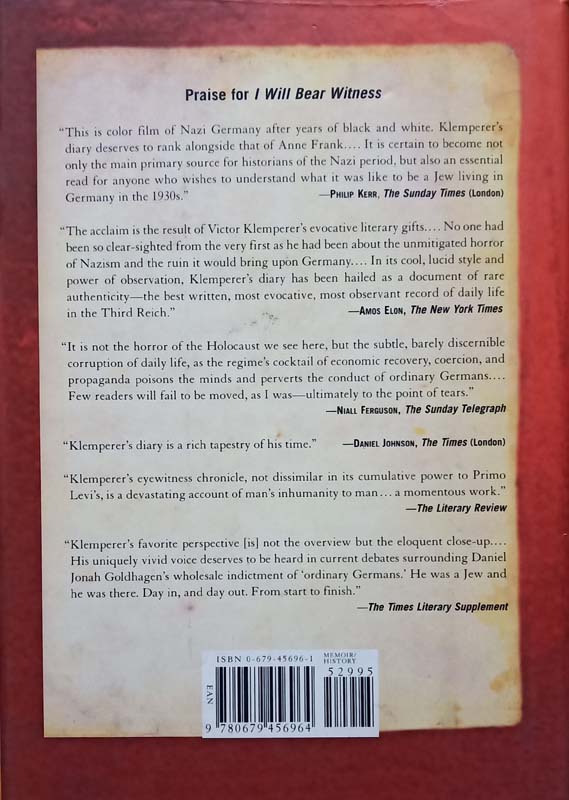 I Will Bear Witness (A Diary Of The Nazi Years) (back)